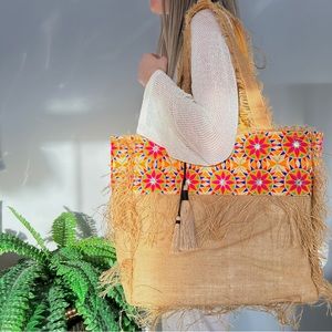 Ranee’s Miami Boutique Gold Jute Rainbow Beach Bag